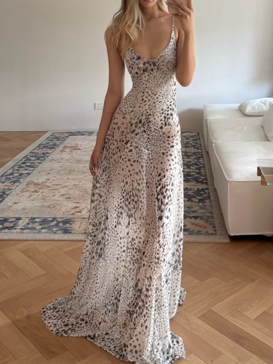 LeopardPrint Spaghetti Strap Satin Maxi Dress