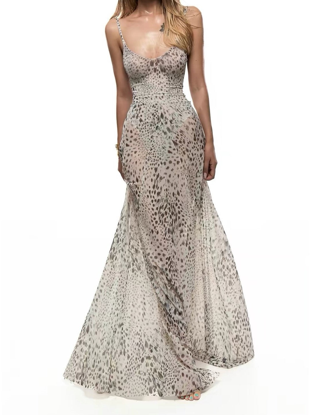 LeopardPrint Spaghetti Strap Satin Maxi Dress