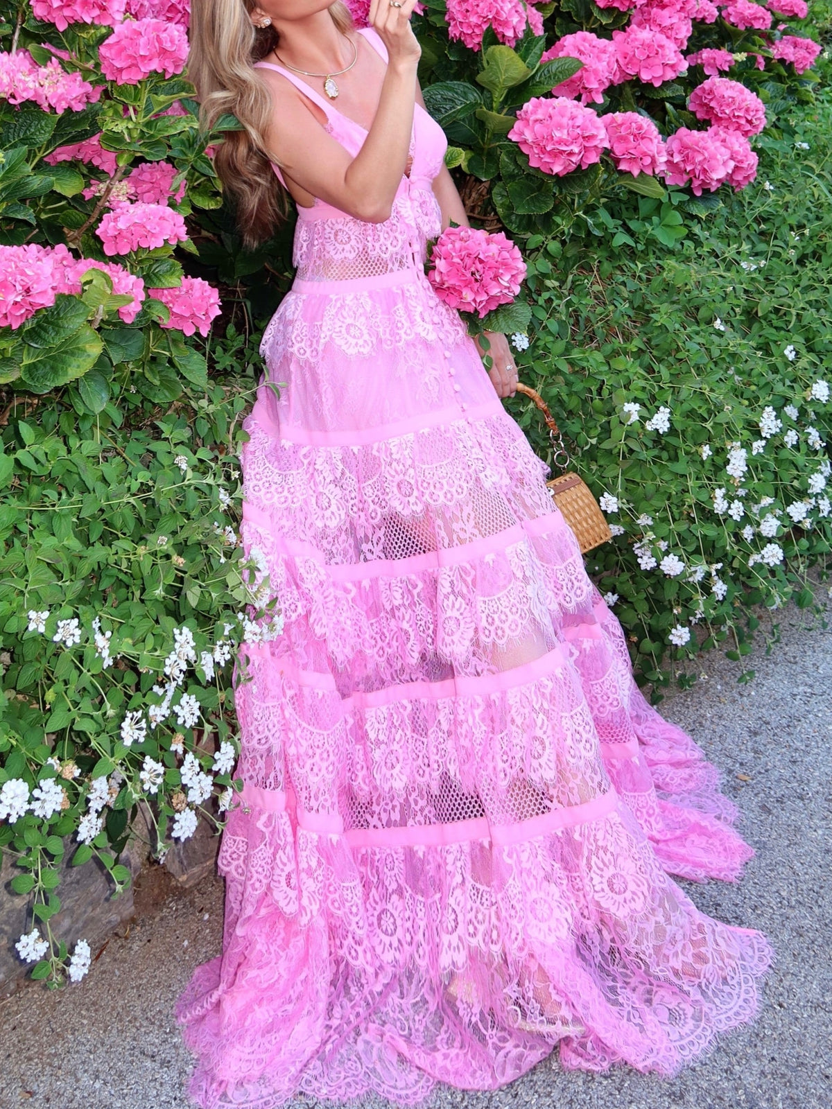 Pink Lace Tiered A-Line Maxi Dress
