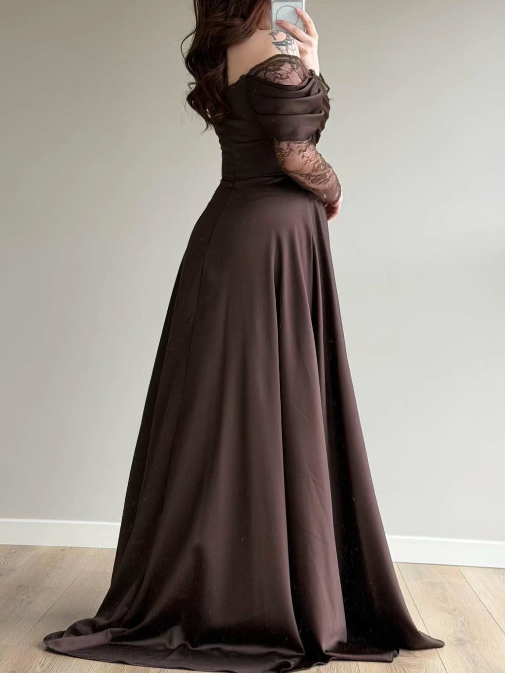 Brown Satin Lace Overlay Maxi Dress