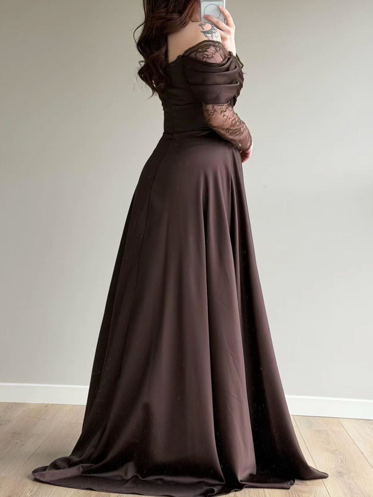 Brown Satin Lace Overlay Maxi Dress