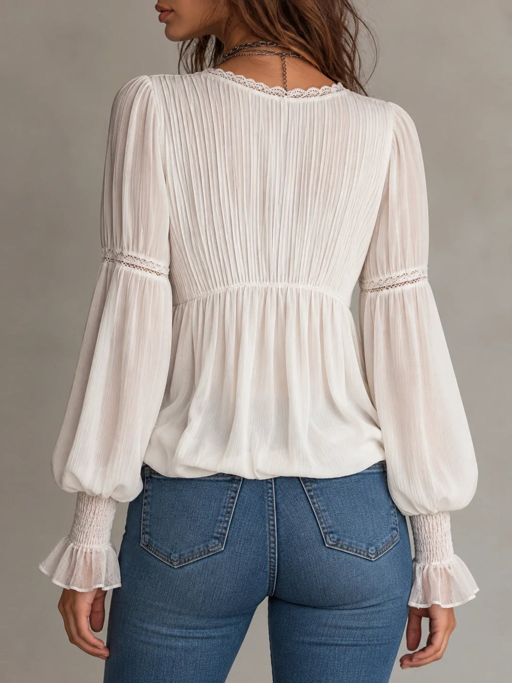Retro Pleated-Chest Lace Trim Chiffon Blouse