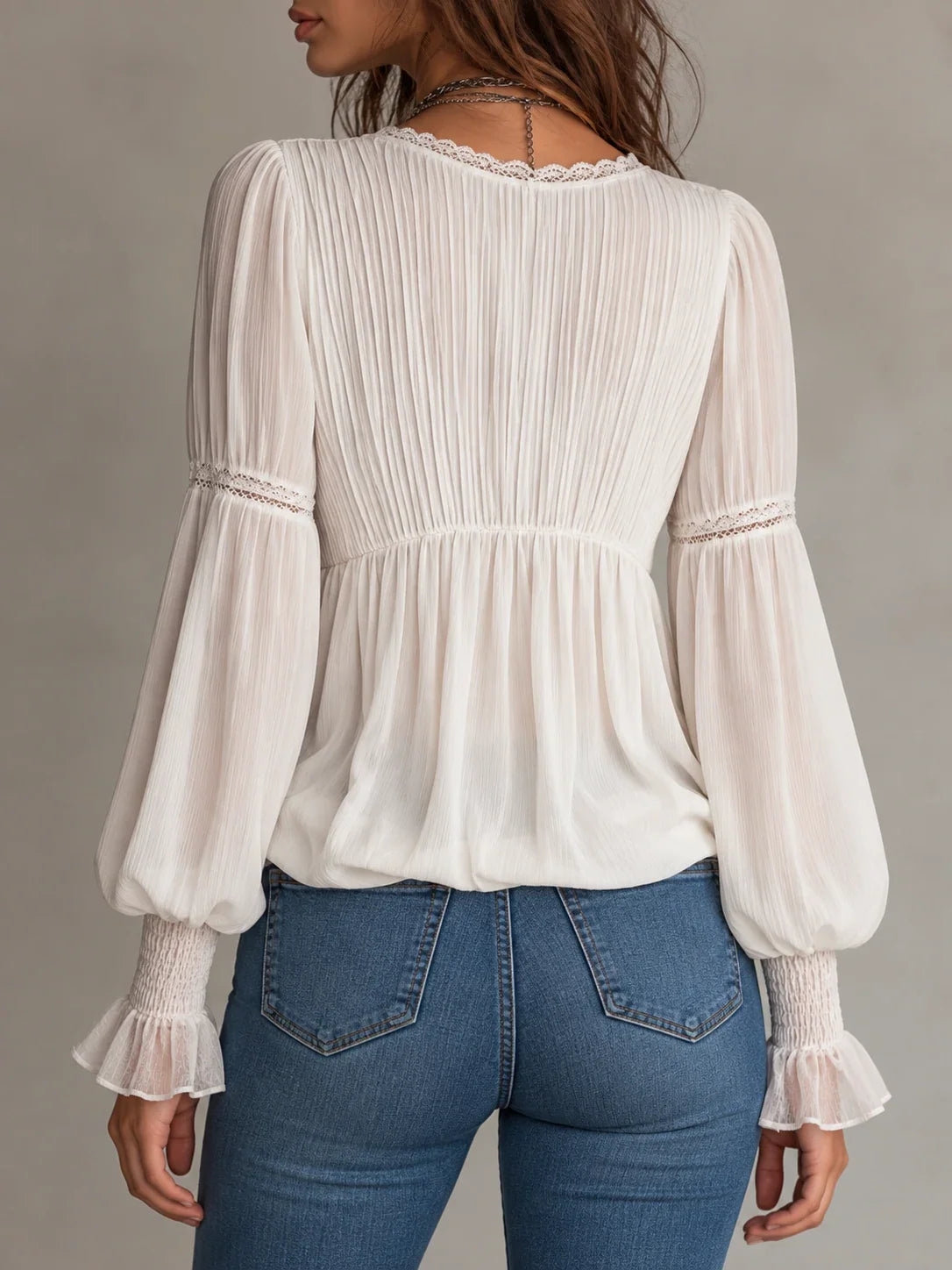 Retro Pleated-Chest Lace Trim Chiffon Blouse
