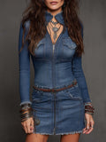 Vintage Zip-up Collar Frayed Trim Denim Mini Dress
