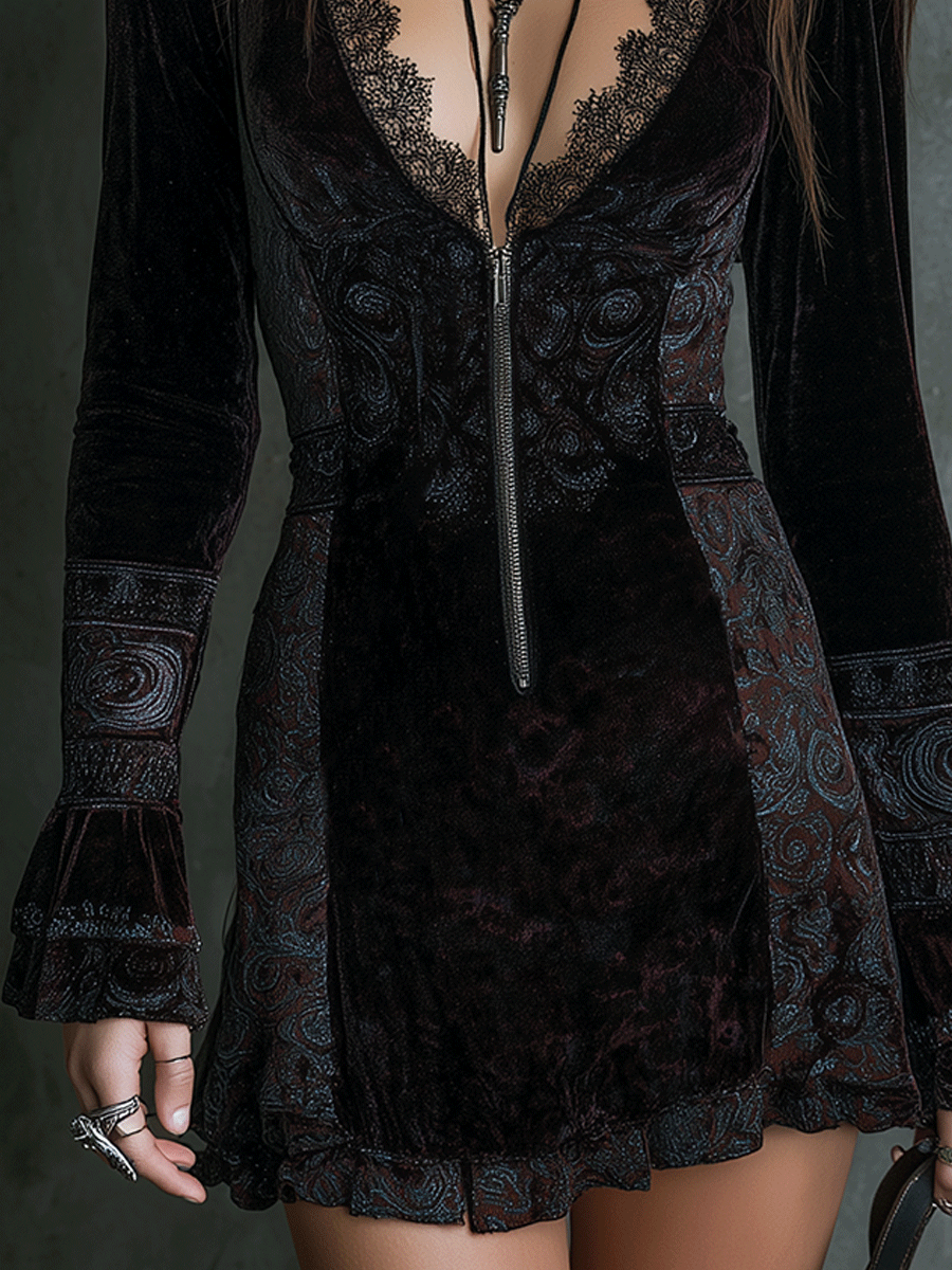 Bohemian Delicate Lace Velvet Mini Dress