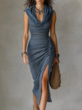 Retro Draped-Neck Pin-Tucked Midi Dress With High Slit