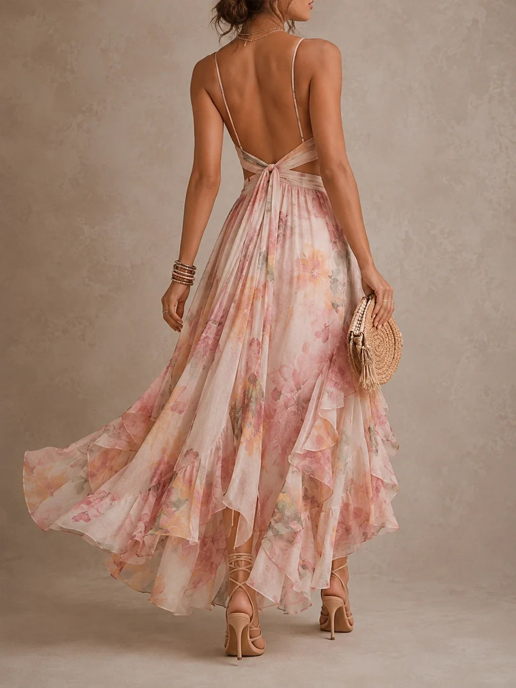 Blush Watercolor Floral Cutout Ruffle Maxi Dress