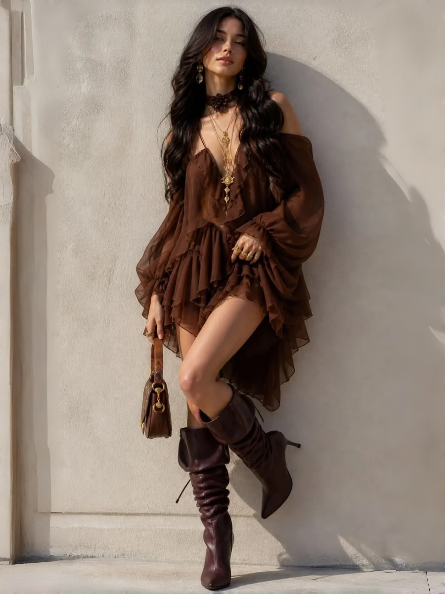 Off-Shoulder Sheer Balloon Sleeve Ruffled Mini Dress