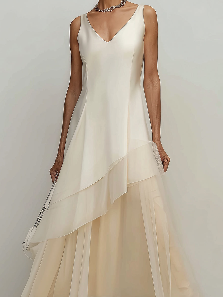 Classic Off-White Mesh-Paneled Maxi Dress