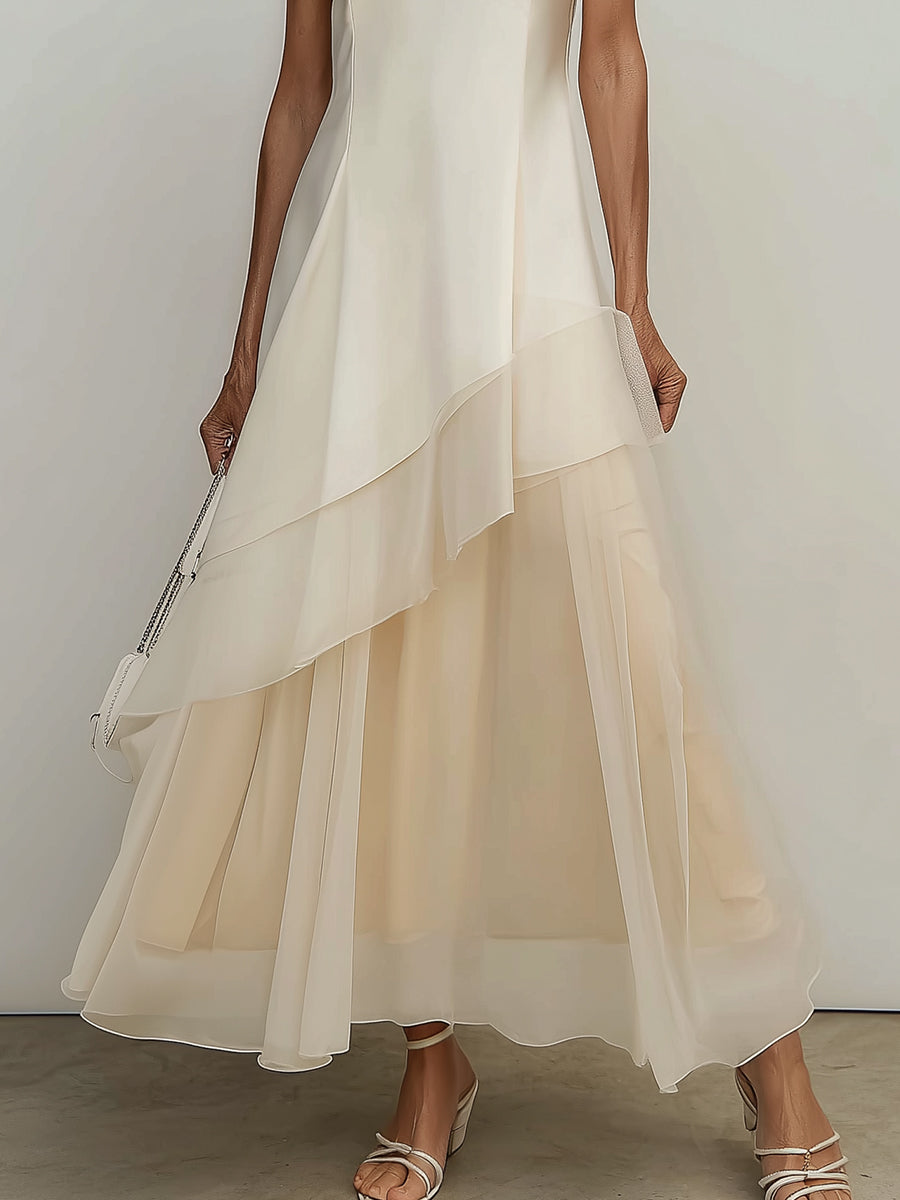 Classic Off-White Mesh-Paneled Maxi Dress
