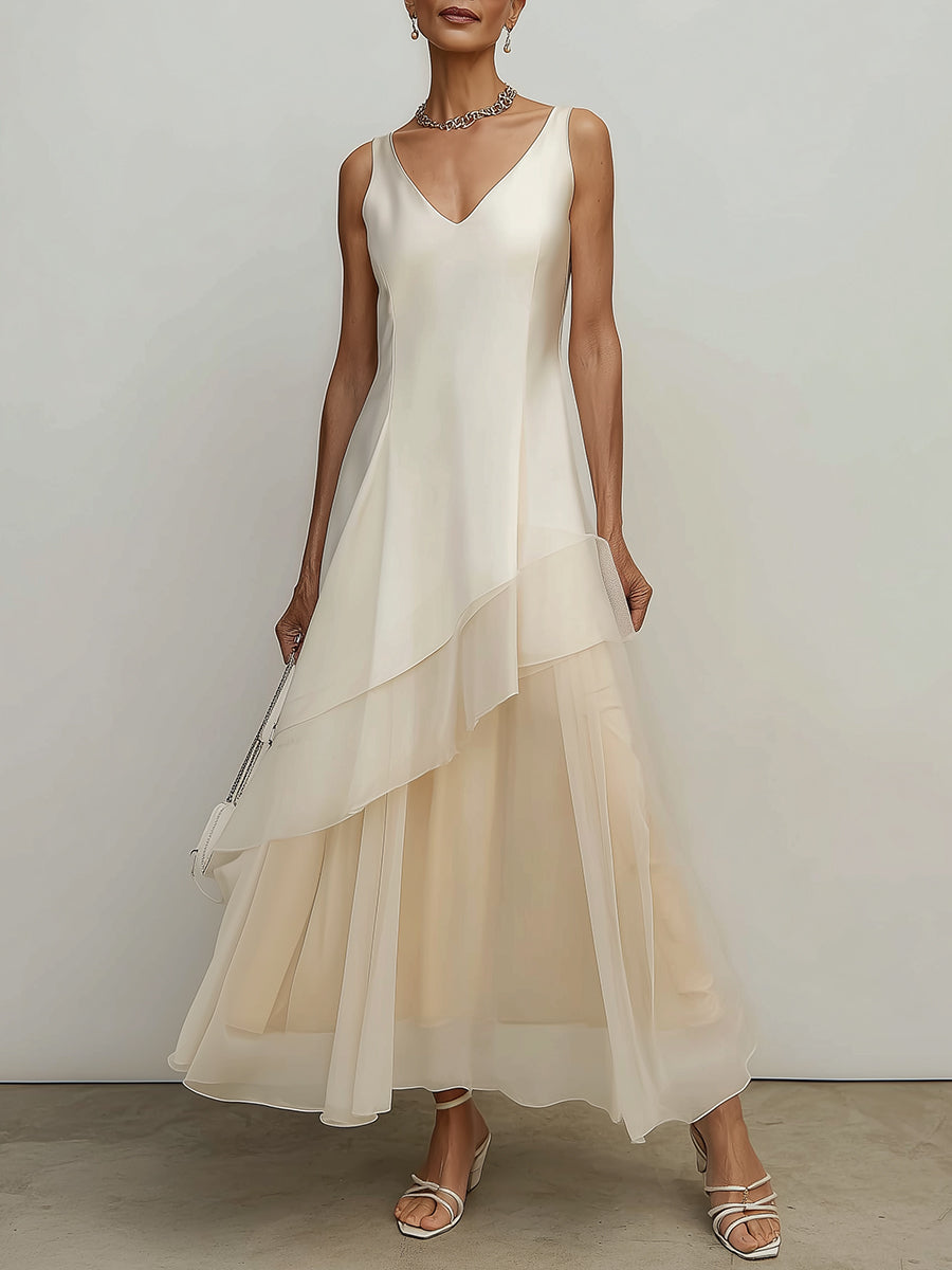 Classic Off-White Mesh-Paneled Maxi Dress