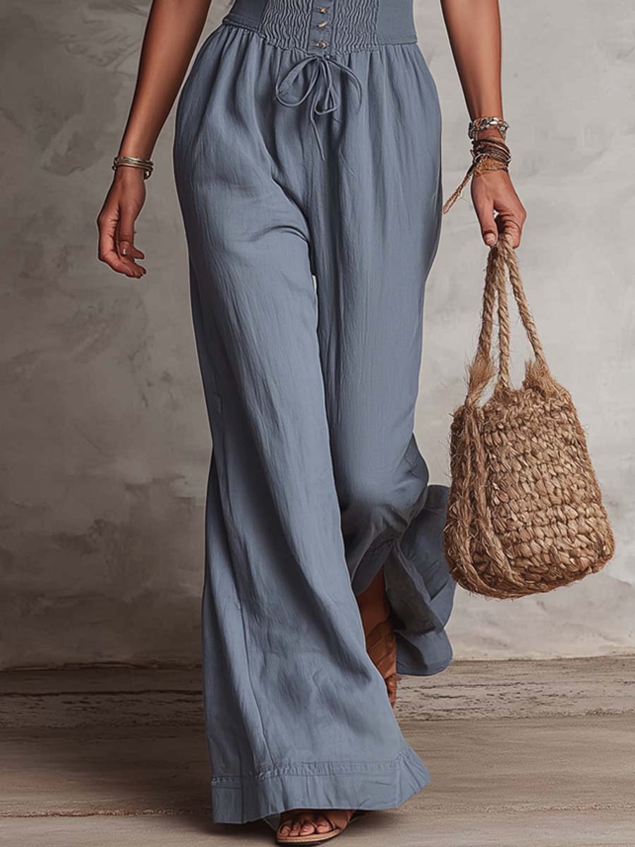Vintage Lace-Collar Pleated-Front Cotton-Linen Jumpsuit