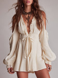 Boho Cotton Mini Dress With Cutout Shoulders And Lantern Sleeves