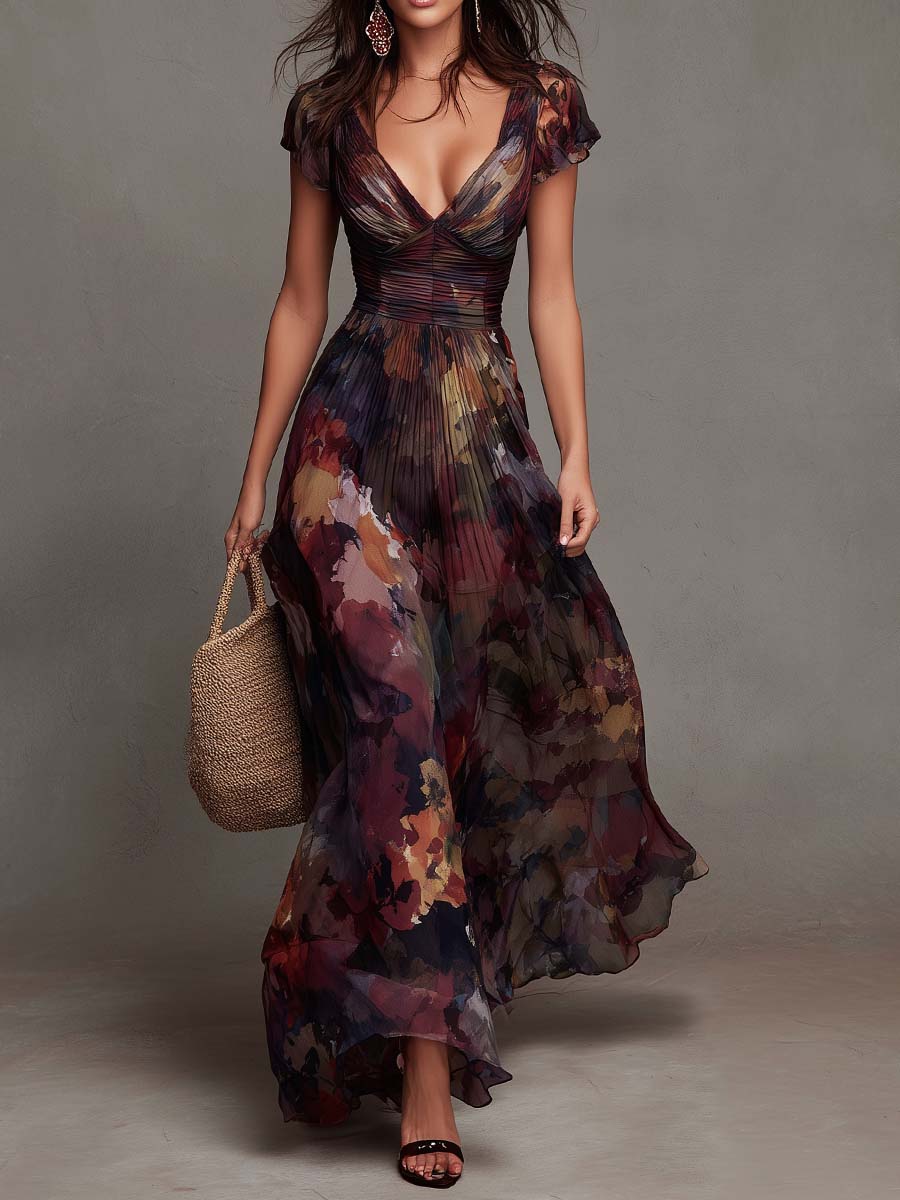 Vintage Watercolor Floral Print Pleated Chiffon Maxi Dress