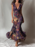 Monet Garden V-Neck Ruffle-Trim Maxi Dress