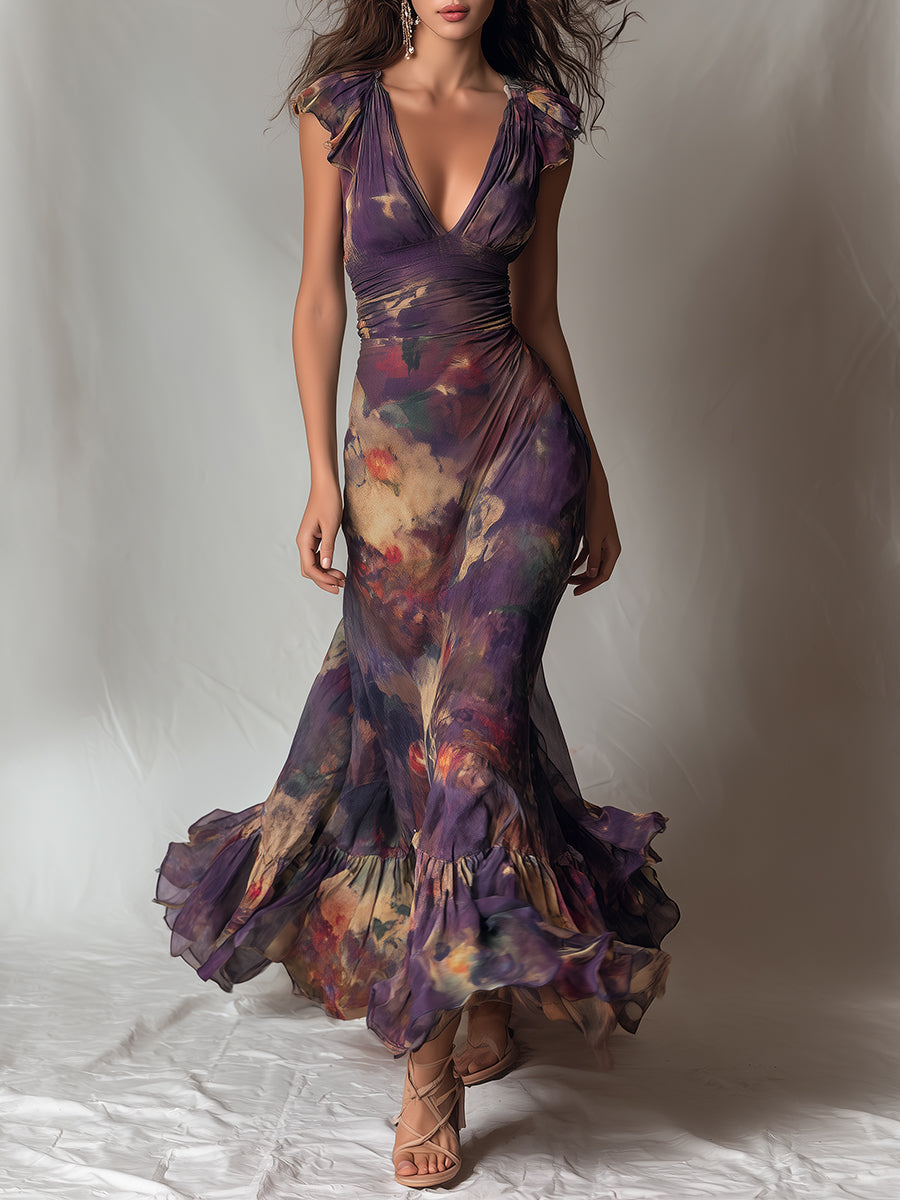 Monet Garden V-Neck Ruffle-Trim Maxi Dress