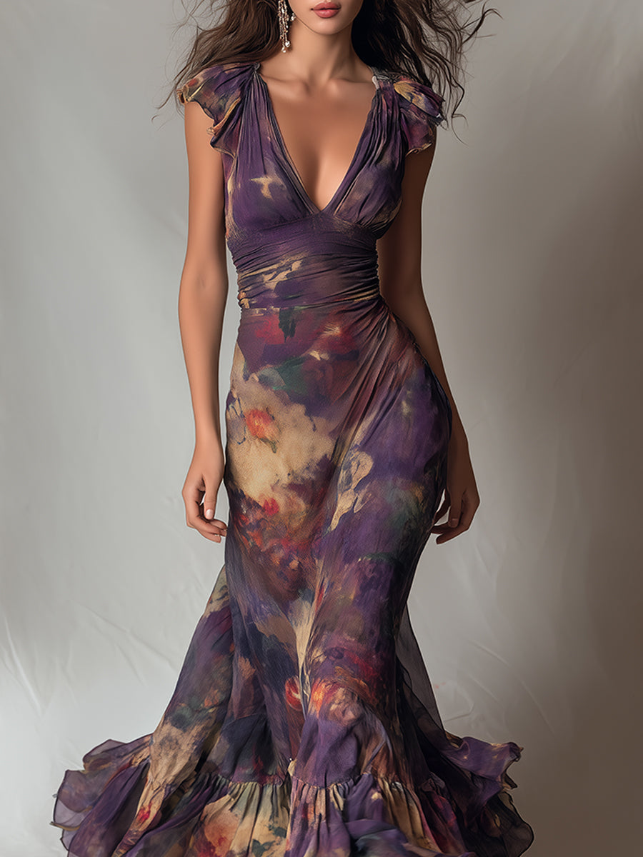 Monet Garden V-Neck Ruffle-Trim Maxi Dress