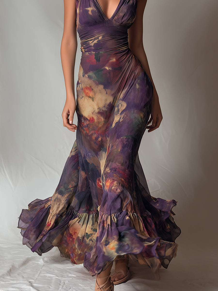 Monet Garden V-Neck Ruffle-Trim Maxi Dress