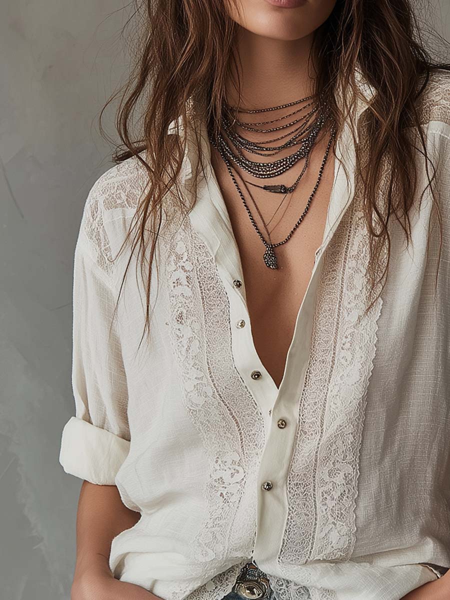 Vintage Lace Trim Cotton-Linen Blouse