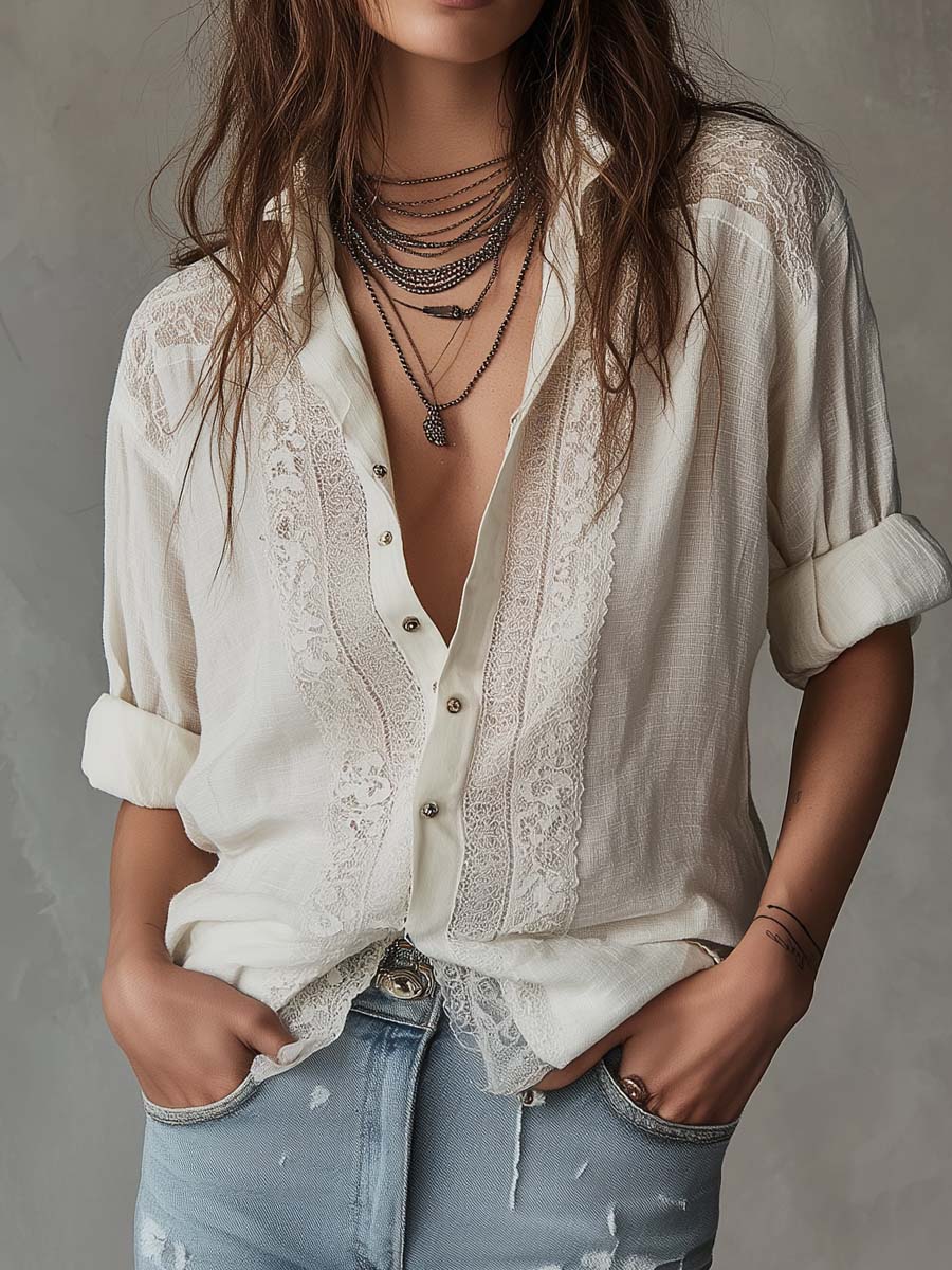 Vintage Lace Trim Cotton-Linen Blouse