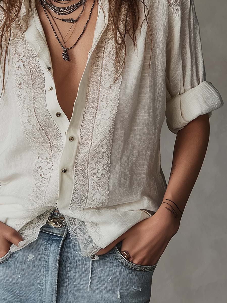 Vintage Lace Trim Cotton-Linen Blouse