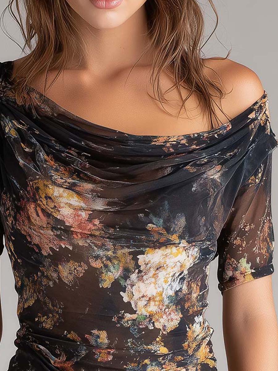 Dark Floral Print Sheer Mesh Off-Shoulder Ruched Top