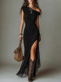 Boho Front Slit One-shoulder Maxi Dress With Side-split Hem