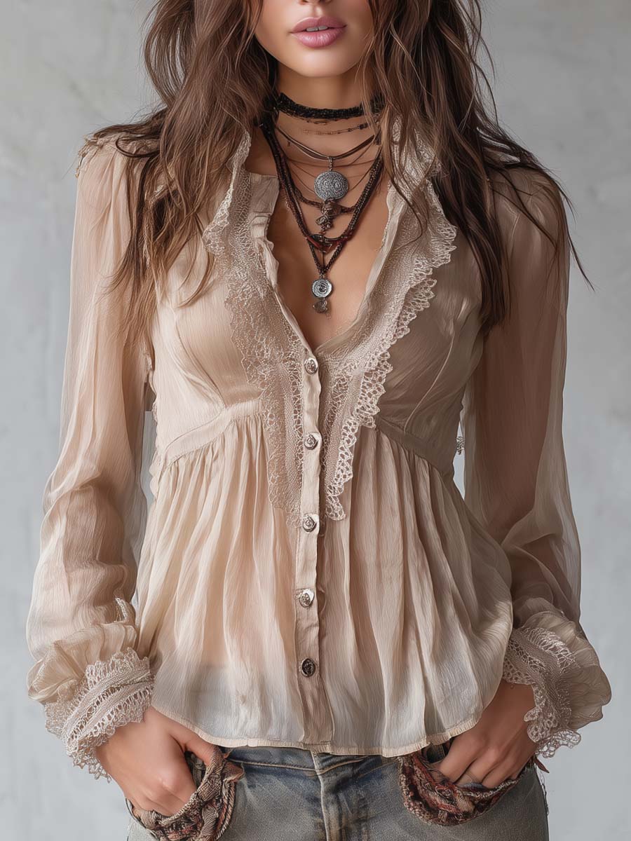 Vintage Peplum Hem Lace-trimmed Chiffon Shirt
