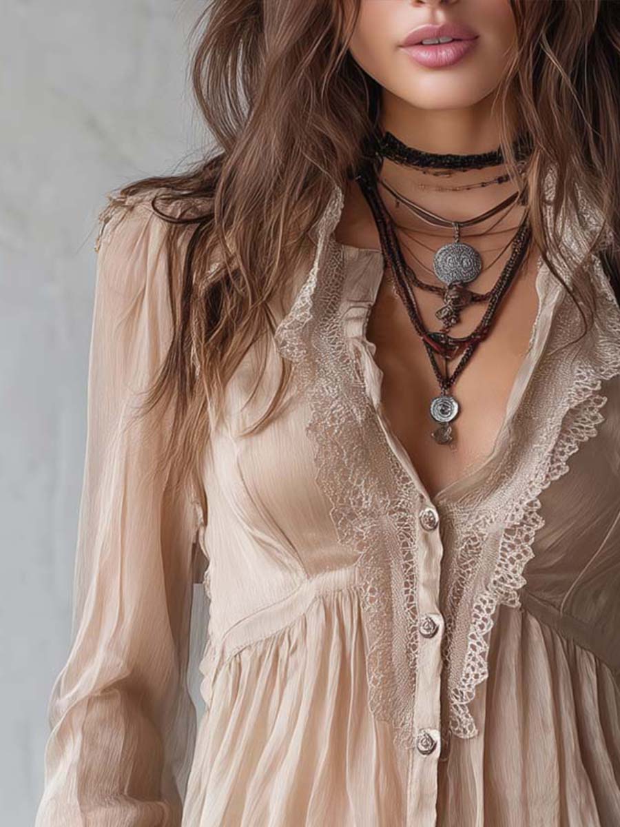 Vintage Peplum Hem Lace-trimmed Chiffon Shirt