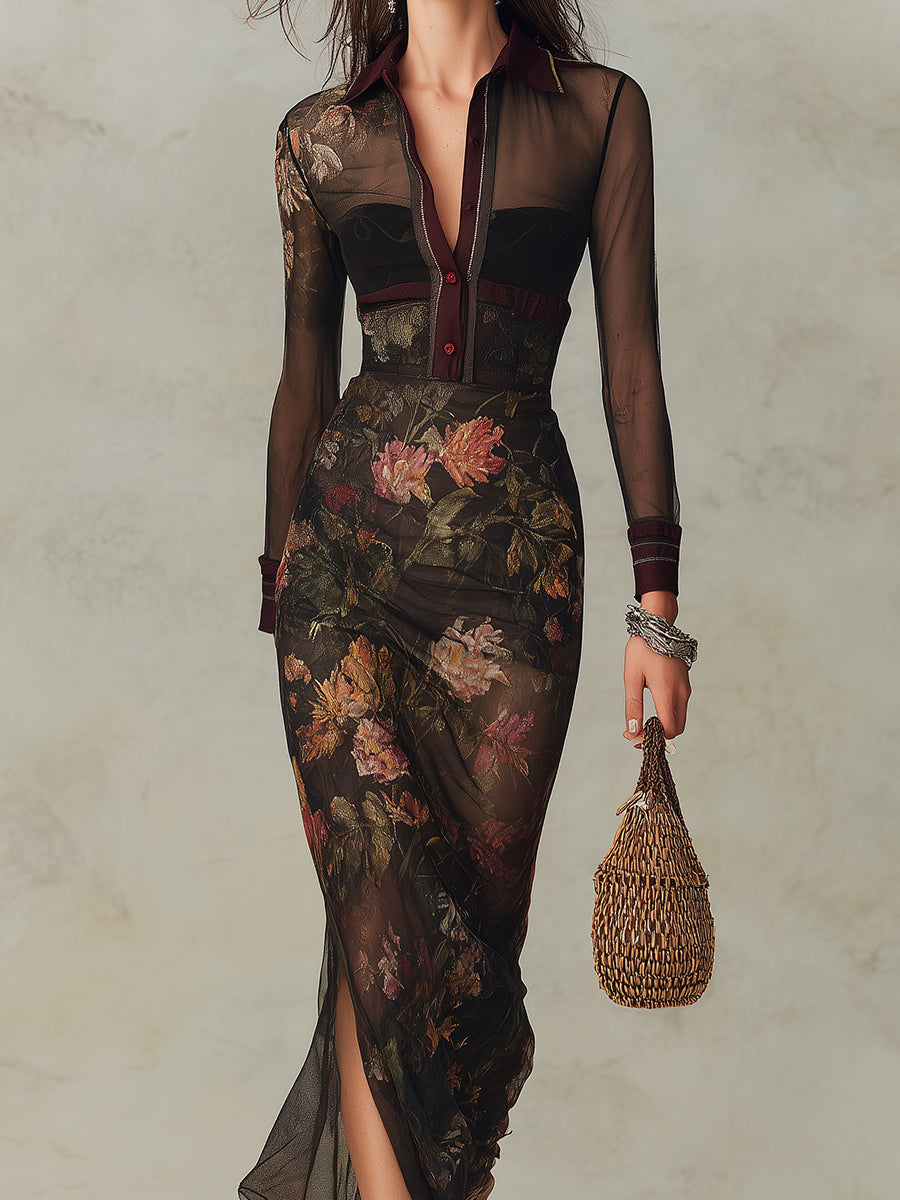 Vintage Oil Painting Print Straight-cut Mesh Maxi Dress With Side Slits