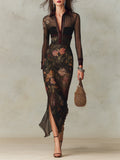 Vintage Oil Painting Print Straight-cut Mesh Maxi Dress With Side Slits