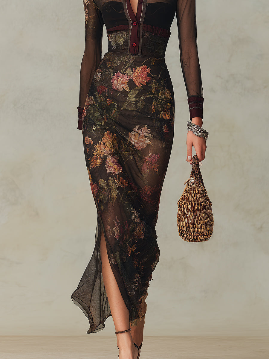 Vintage Oil Painting Print Straight-cut Mesh Maxi Dress With Side Slits