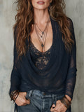 Retro Drape Neck Long-Sleeve Knit Pullover With Lace Camisole