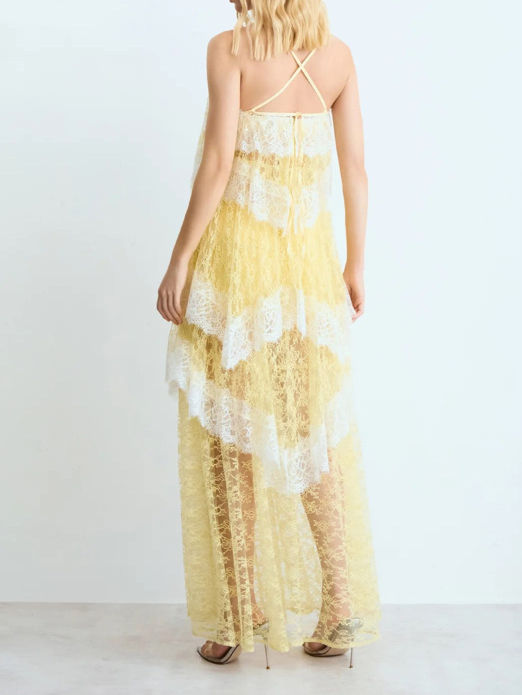 Baby Blue Sheer Lace Tiered Spaghetti Strap Maxi Dress