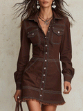 Brown Denim Long Sleeve Button-Down Mini Dress