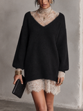 Women's Lace Trim Elegant Knit Mini Dress
