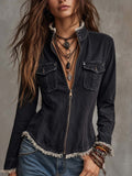 Fitted Frayed Raw Hem Black Denim Jacket