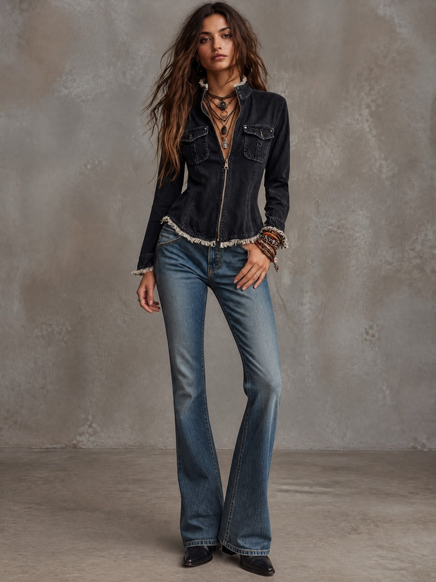 Fitted Frayed Raw Hem Black Denim Jacket