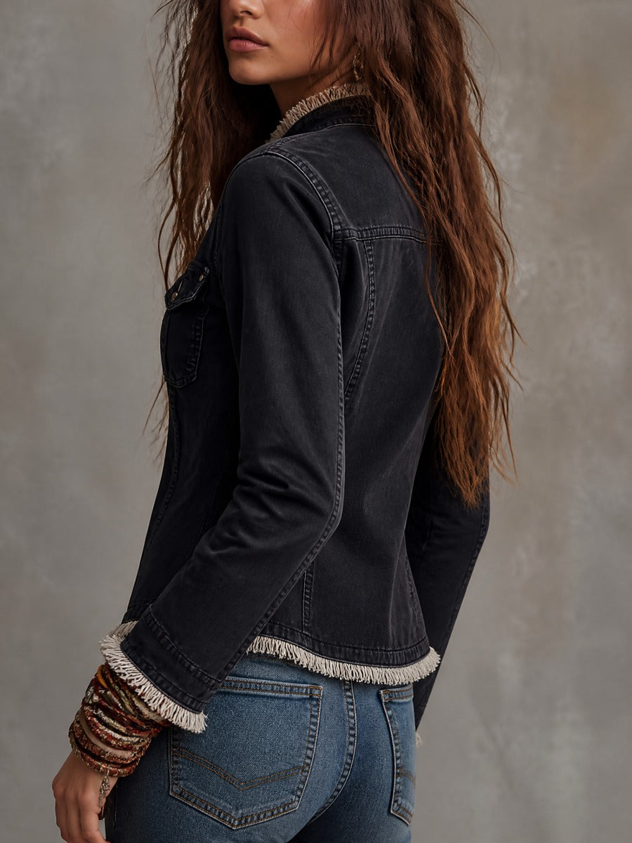 Fitted Frayed Raw Hem Black Denim Jacket