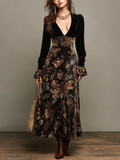 Elegant Black Velvet Floral Panel Maxi Dress