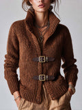 Vintage Brown Cable Knit Leather Buckle Jacket