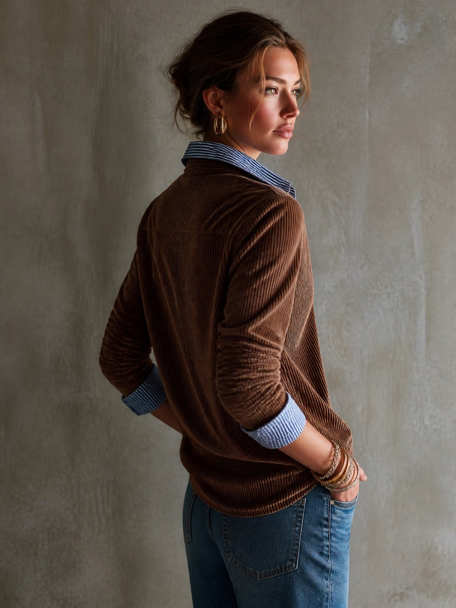 Vintage Corduroy Layered Shirt with Contrast Striped Collar