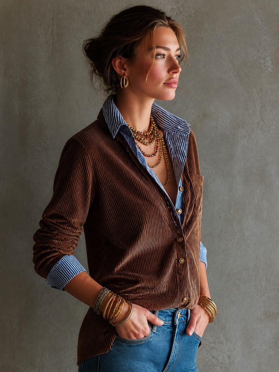 Vintage Corduroy Layered Shirt with Contrast Striped Collar