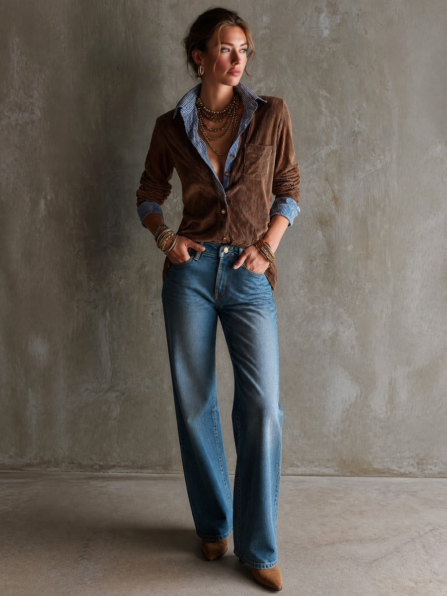 Vintage Corduroy Layered Shirt with Contrast Striped Collar