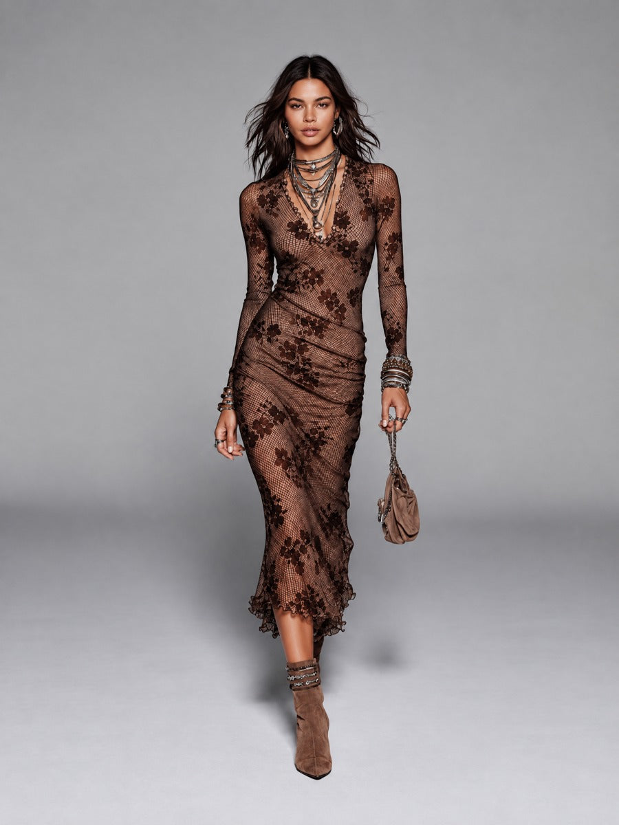 Brown Floral And Plaid Long Sleeve Mesh Midi Dress