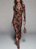 Brown Floral And Plaid Long Sleeve Mesh Midi Dress