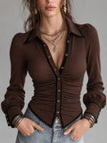 Contrast Piping Ruched Waist Slim Fit Ribbed Blouse