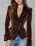 Vintage Black Piped Trim Ruched Waist Velvet Blazer