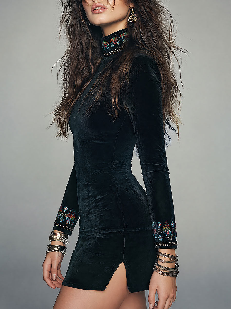 Vintage Floral Embroidery Faux Suede Mini Dress with Side-slit Hem