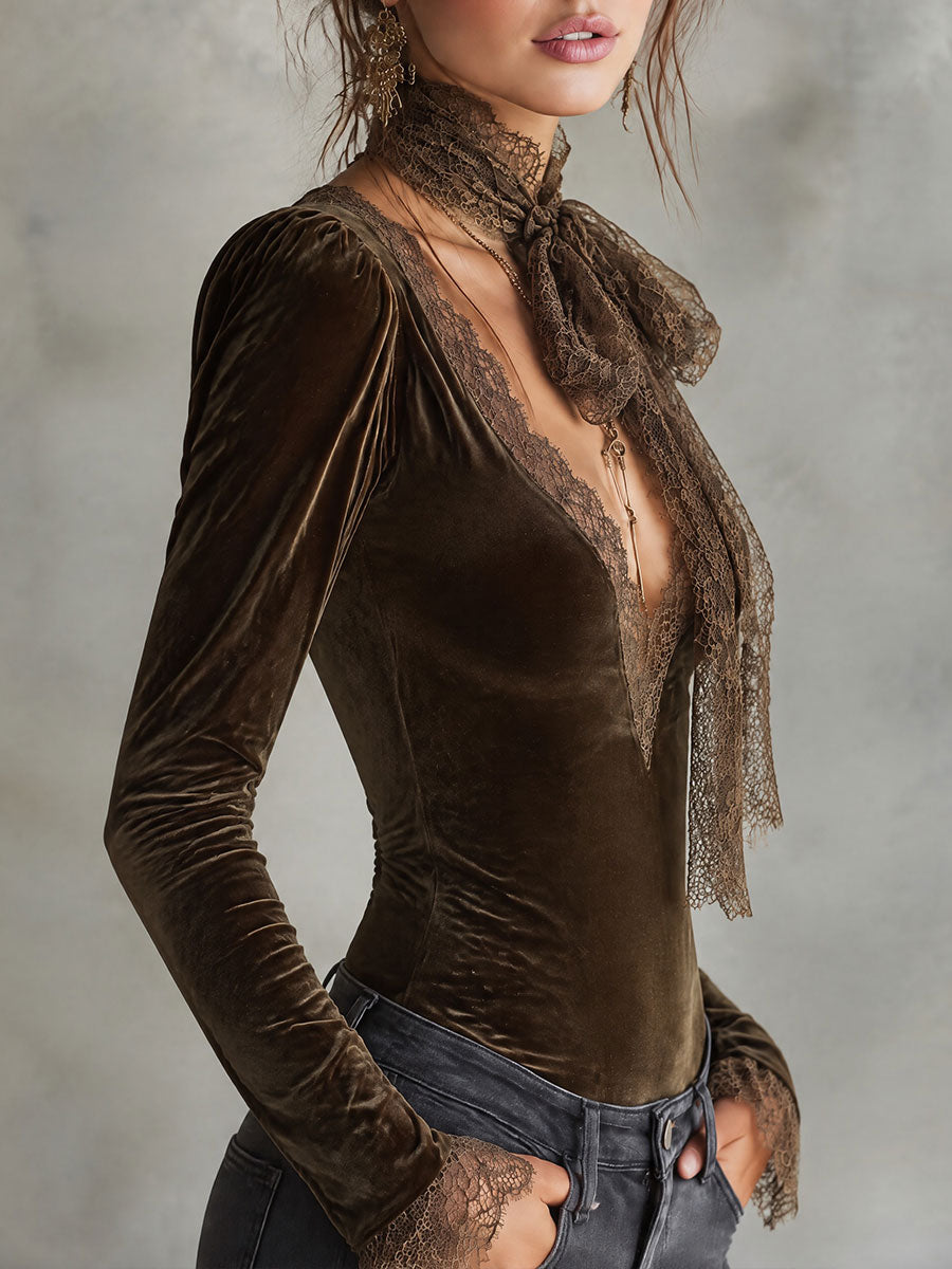Retro Brown Plunging V-Neck Lace Trim Velvet Long Sleeve Blouse with Lace Bow Scarf